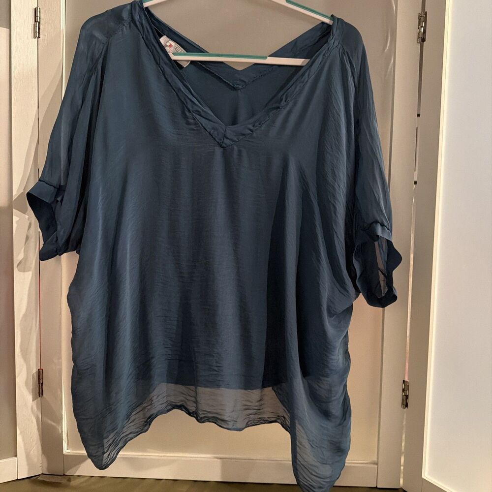Tina Stephens Italy One Size Silk Top V-Neck Flowy Blouse Teal Green Peacock OS
